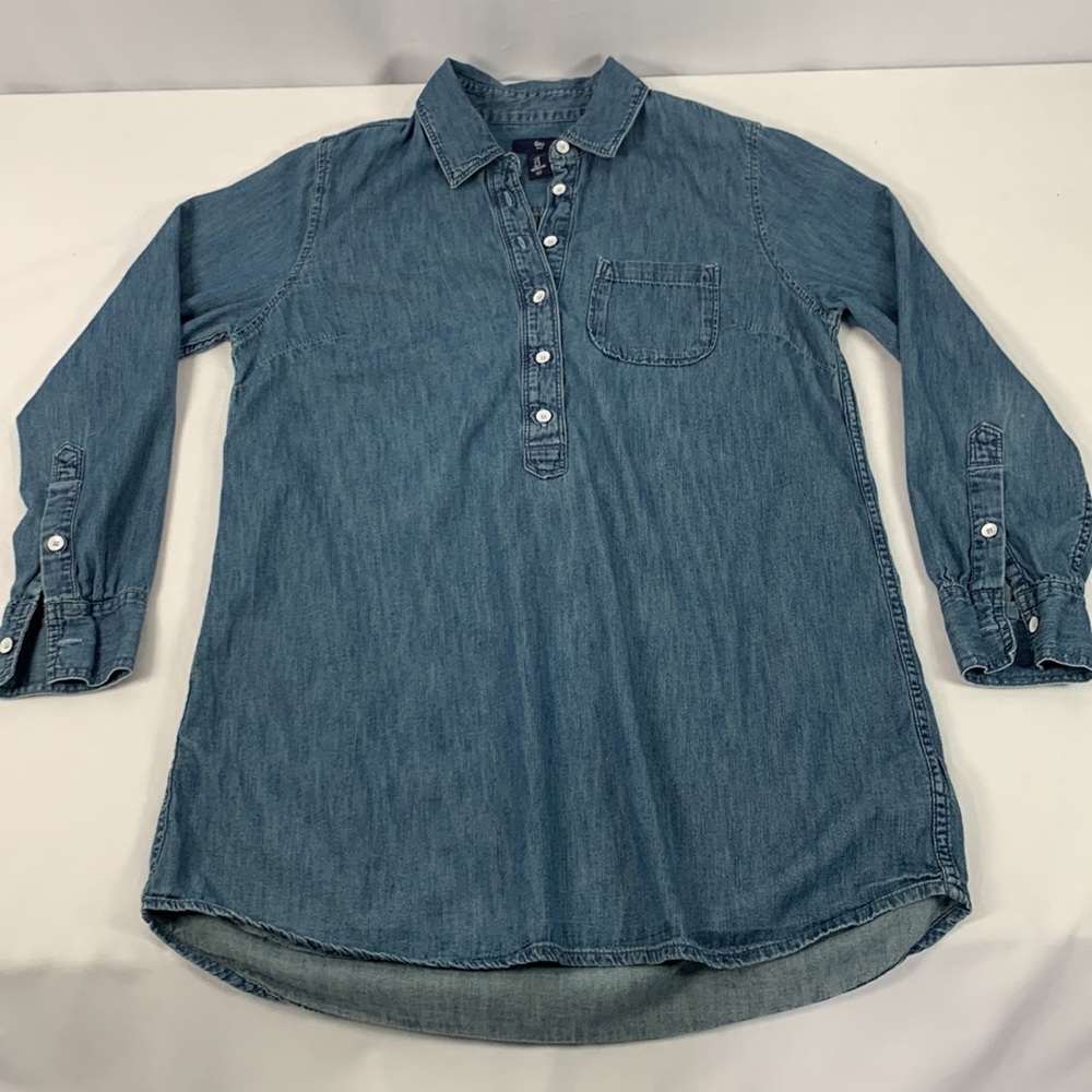 Gap Denim Pullover 1/2 Button Down Long Sleeve Blue Jean Shirt Mini Dress Size S - Picture 8 of 13